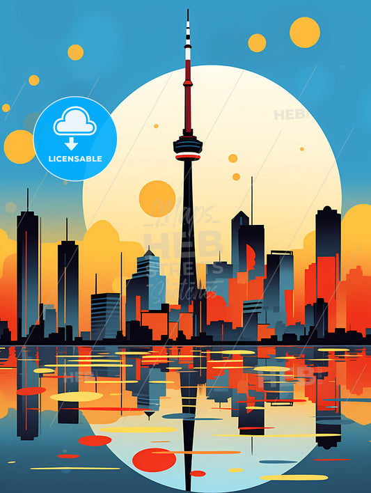 Minimalist Toronto Skyline, A City Skyline With A Large Moon