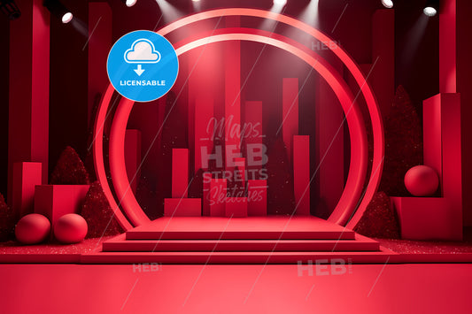 Red Wall Backdrop With Red Boxshaped Stand, A Stage With A Round Podium And Lights
