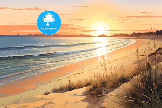 A Beach At Sunset With Grassy Sand And A Sunset Sun, A Beach With Waves And Grass