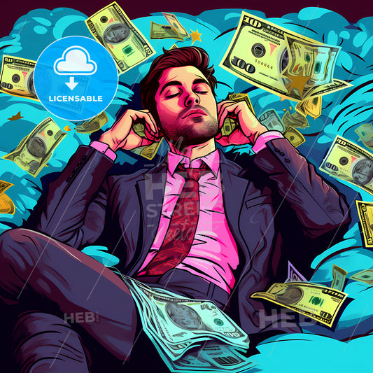 Man Sleeping And Holding Money, A Man In A Suit And Tie With Money Falling From His Head