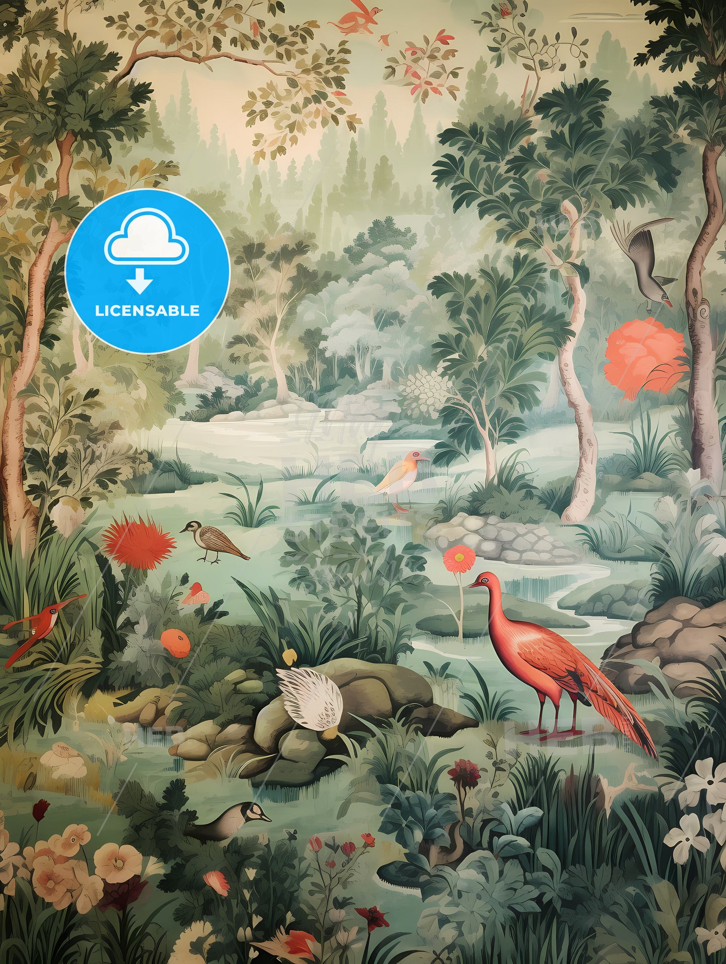 The Tapestry Is Green With Many Animals, A Mural Of Birds And Plants