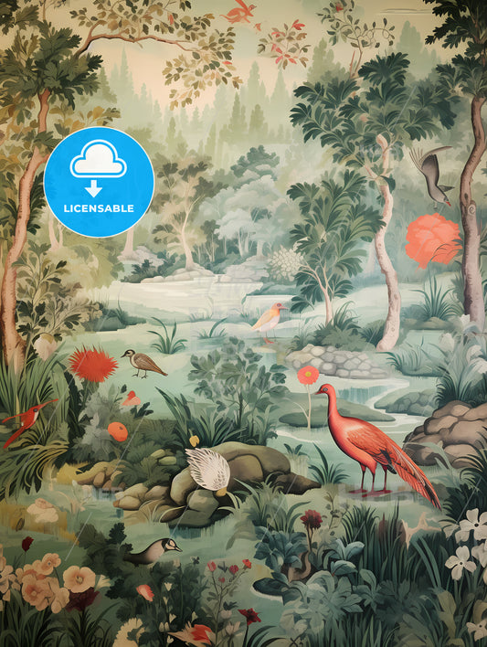 The Tapestry Is Green With Many Animals, A Mural Of Birds And Plants