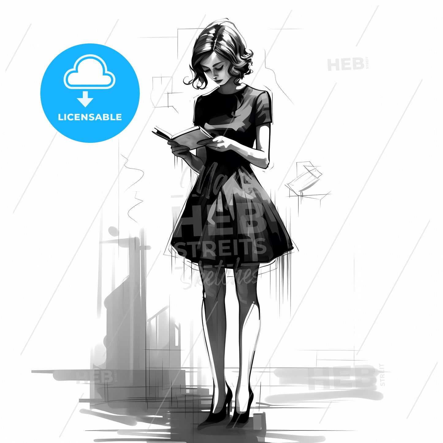A Dynamic Sketch, A Woman In A Dress Reading A Book