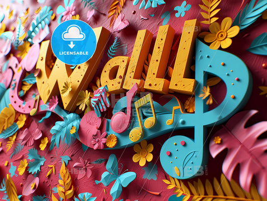 Stylish Music Logo With The Text Wall Art, A Colorful Text With Flowers And Leaves