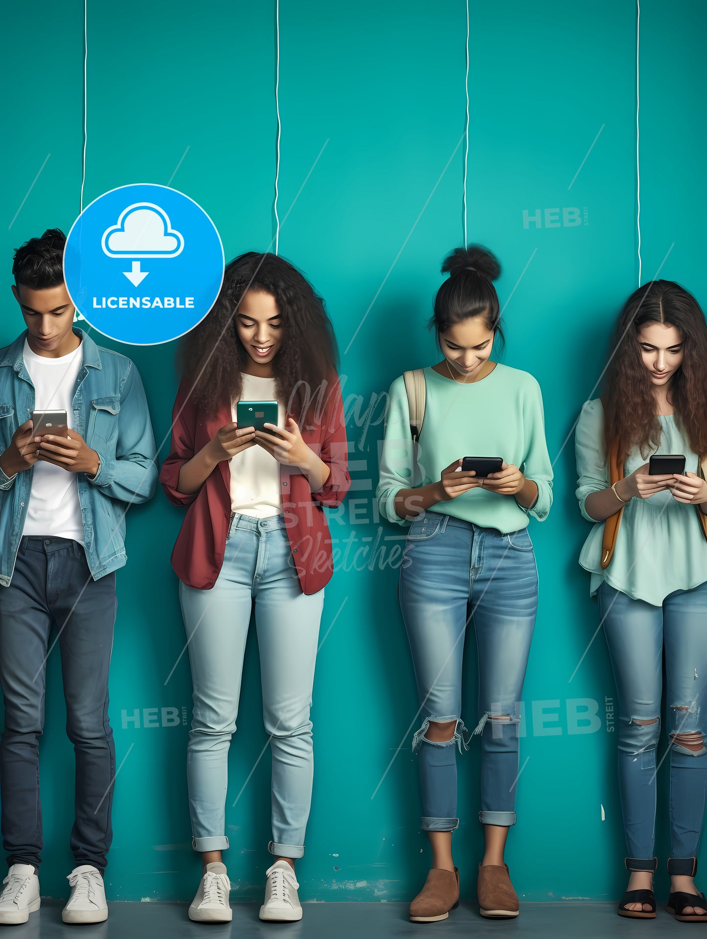 Group Of Multiethnic Teenagers Addicted To Use Smartphones, A Group Of People Looking At Their Phones