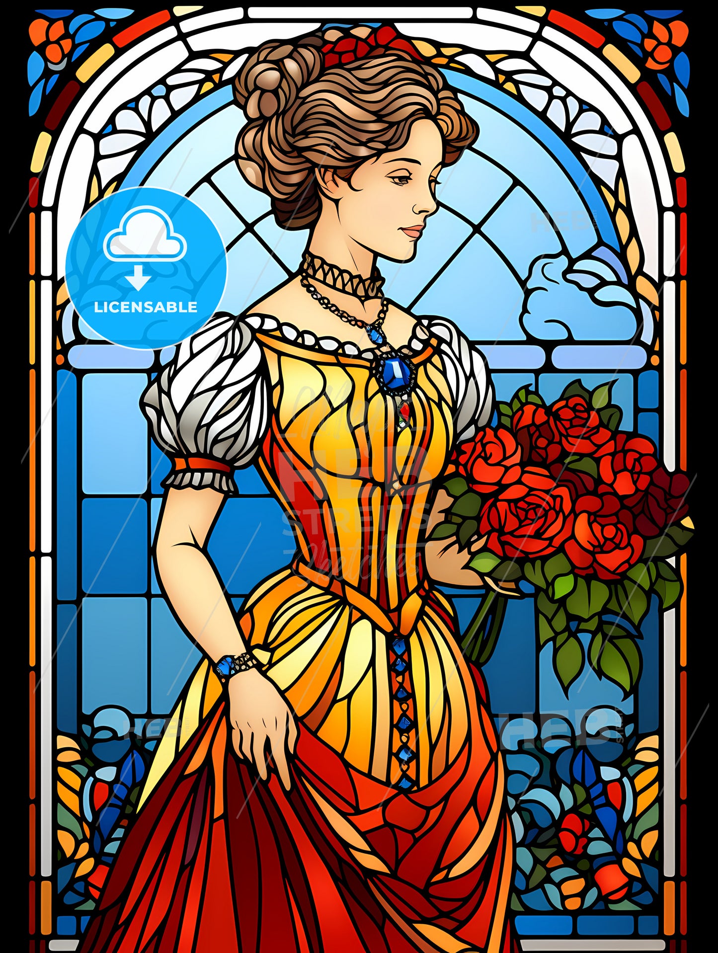 Elegant Victorian Woman, A Stained Glass Window With A Woman Holding Flowers