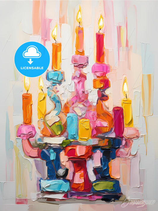 A Colorful Menorah Painted On White, A Painting Of A Colorful Candle Holder With Candles