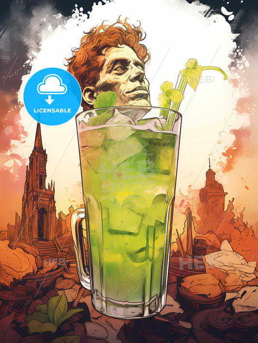 Mojito Drink, A Man's Head In A Glass Of Green Liquid With A Straw