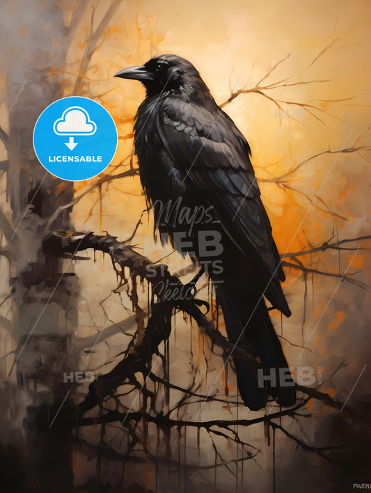 A Mysterious Oil Painting With A Black Crow, A Black Bird Sitting On A Branch