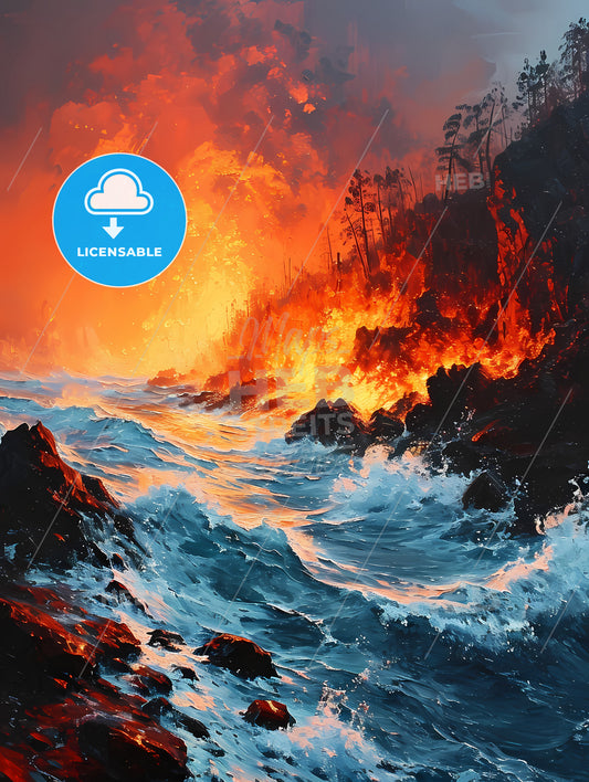 Fire, A Fire And Water Near A Rocky Cliff