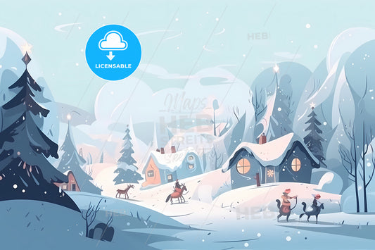 A Snowy Christmas Landscape, A Cartoon Of A Snowy Landscape With Houses And Horses