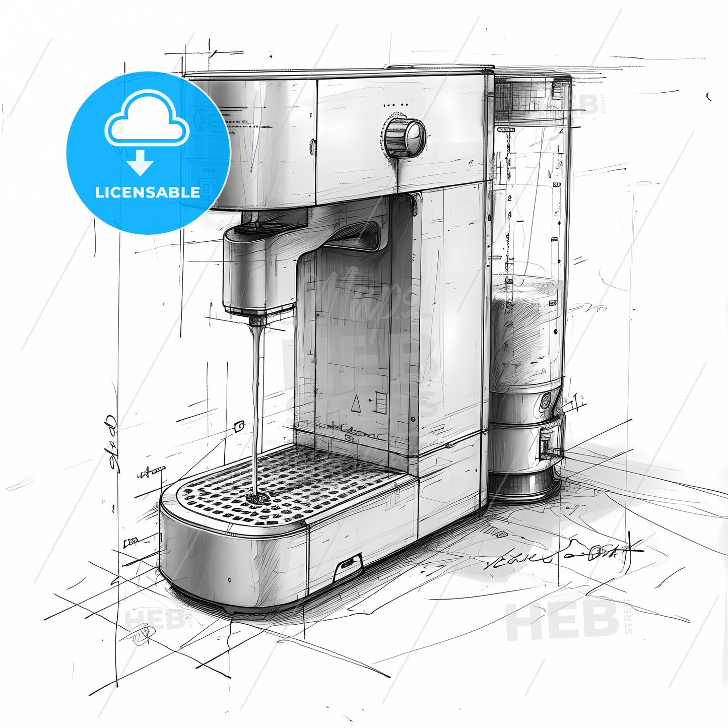 A Fast 2D Concept Draft Sketch Of Coffee Maker, A Sketch Of A Coffee Machine