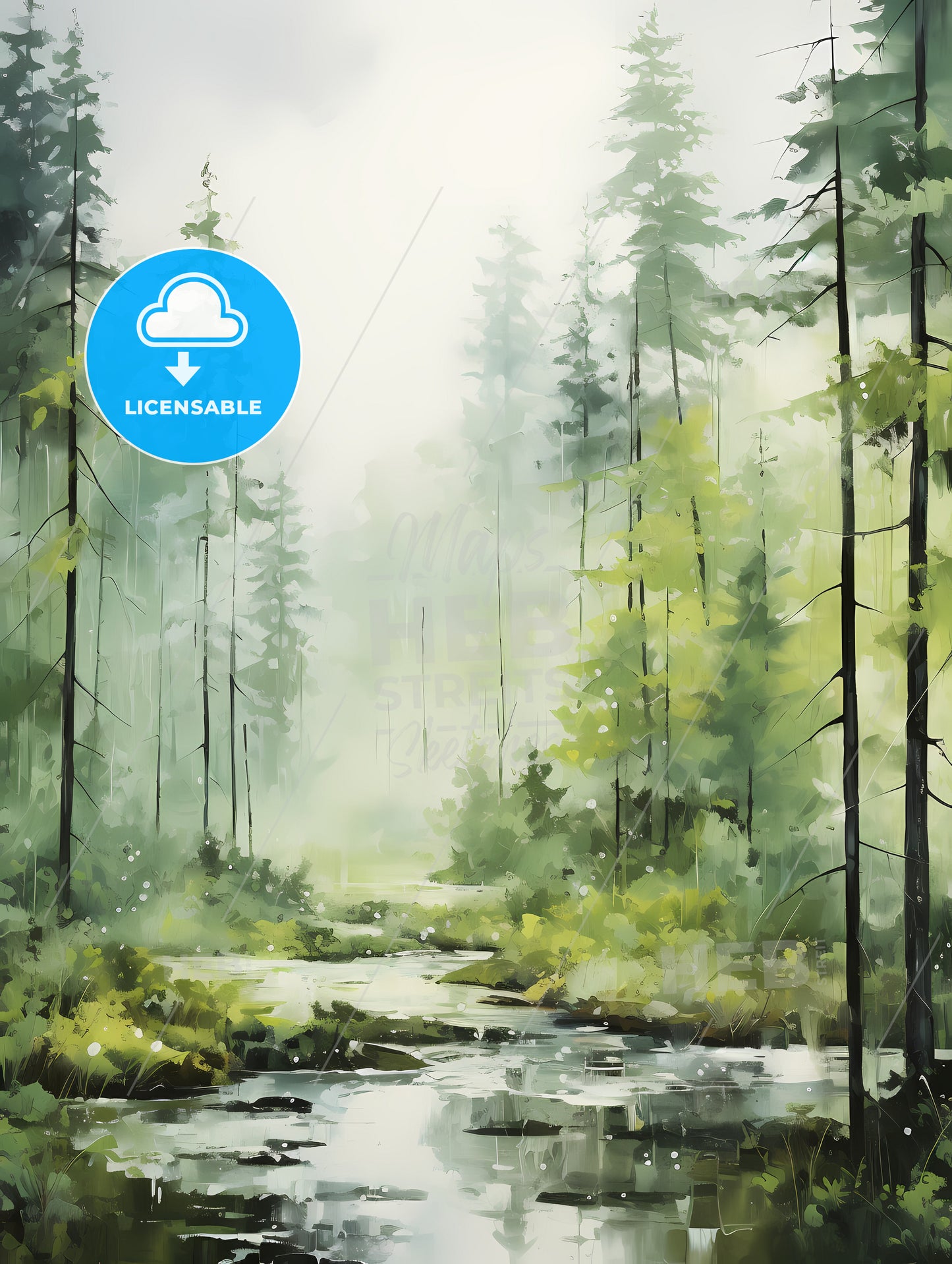 A Piece Of Acrylic Painting, A Stream In A Forest