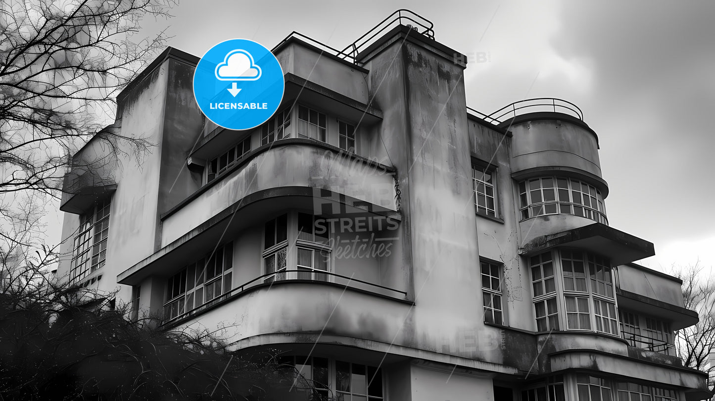 Professional Monochromatic Bauhaus Zoom, A Building With A Balcony