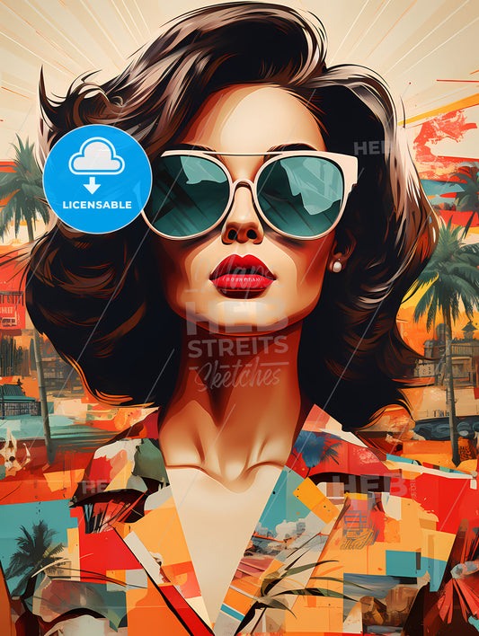Stylish Retro Poster With Beautiful Young Lady, A Woman Wearing Sunglasses