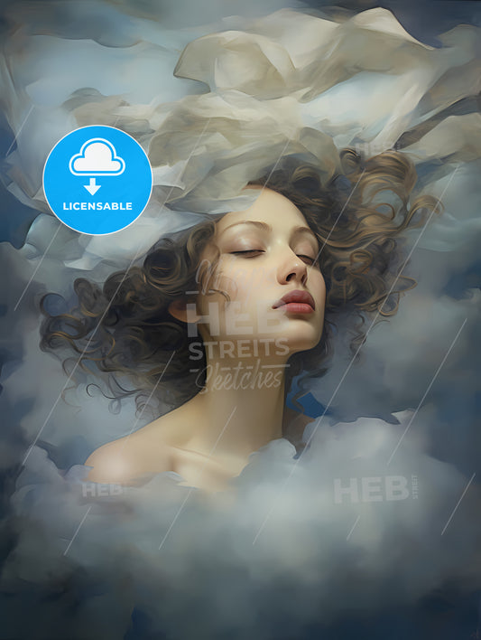 Cloudy Sky Portraits, A Woman With Curly Hair And White Clouds