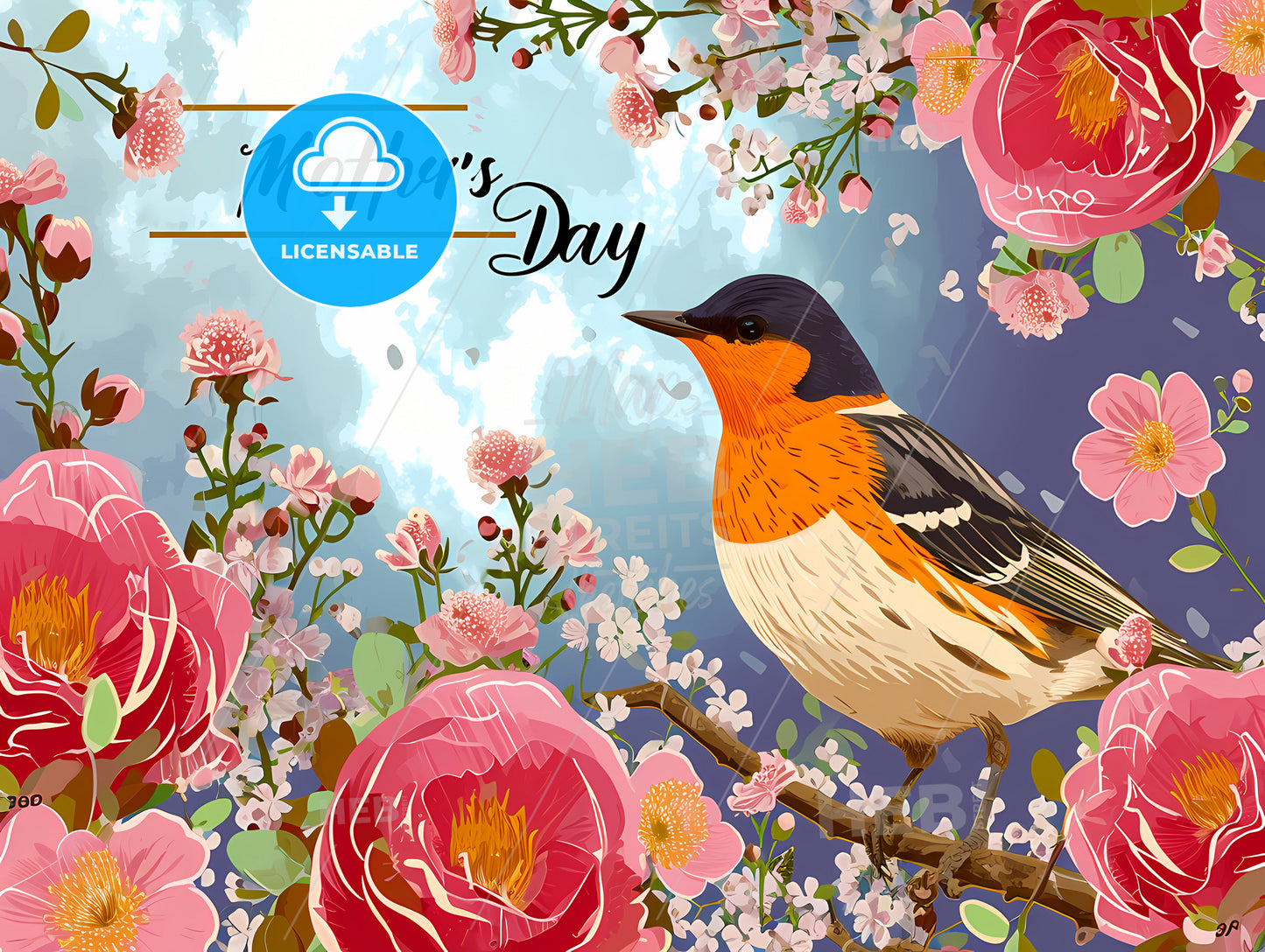 Happy Mothers Day Vector With Flowers, A Bird On A Branch With Flowers