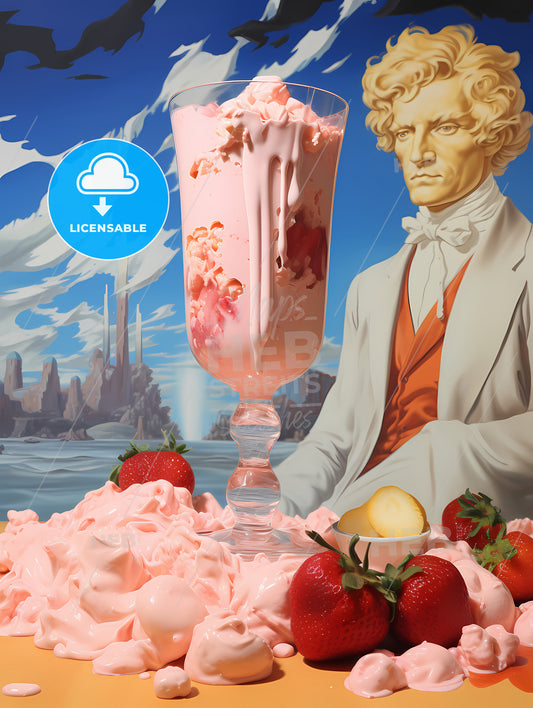 Strawberry Milkshake, A Glass Of Pink Liquid With Strawberries And A Statue Of A Man