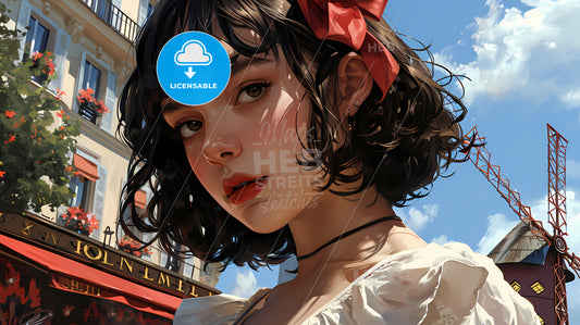 Une Lofi Girl Regardant, A Woman With A Red Bow In Her Hair