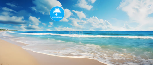 On The Beach In The South, A Beach With Waves And Blue Sky