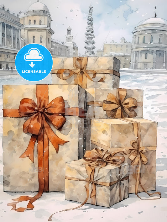 Christmas And Holiday Gifts On Snow, A Group Of Wrapped Presents In A Snowy Place