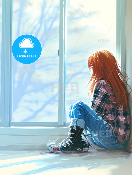 Pink And Blue Pastel Photomodel, A Girl Sitting On The Floor Looking Out A Window