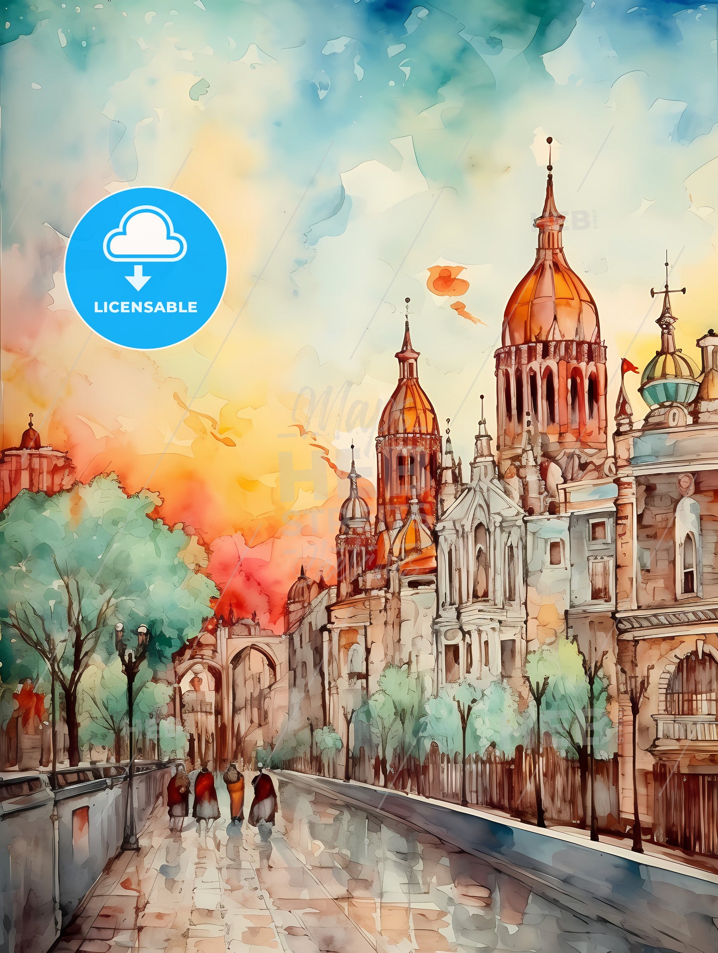 Cinco De Mayo Holiday Card With Copy Space, A Watercolor Painting Of A City