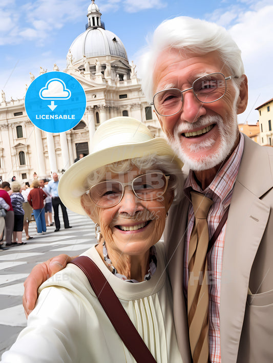Smiling Elderly Couple Taking A Selfie, A Man And Woman Taking A Selfie