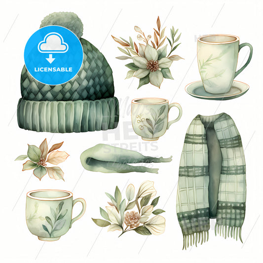 Hand Drawn Watercolor Stickers, A Collection Of Tea Cups And A Scarf