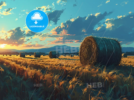 A Scene With Hay Bales And An Illustrative Cloud, A Field Of Hay With Bales Of Hay