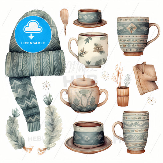 Hand Drawn Watercolor Stickers, A Collection Of Tea Cups And A Scarf