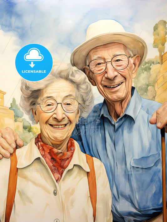 Smiling Elderly Couple Taking A Selfie, A Man And Woman Smiling