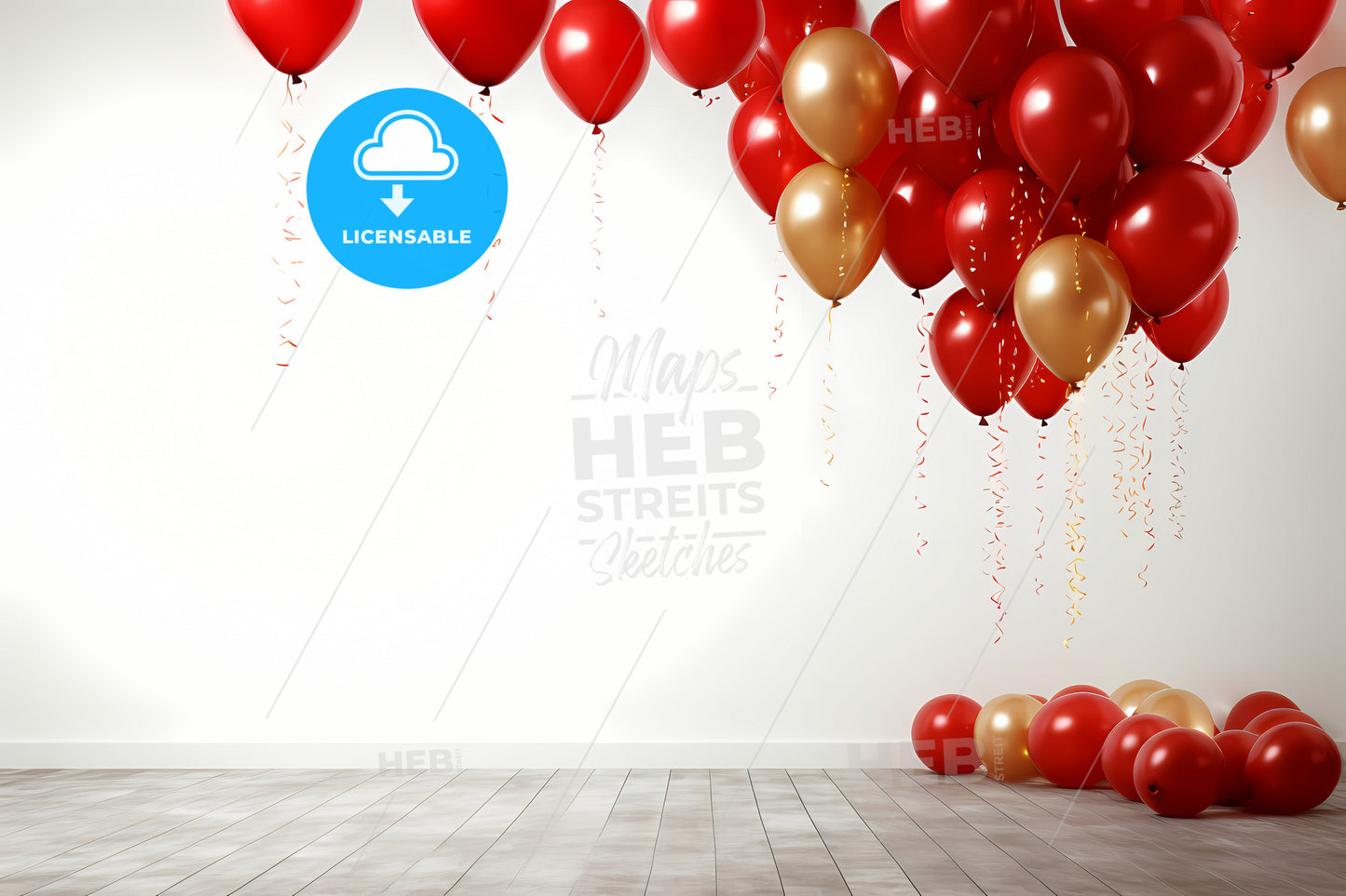 New Years Celebration Card, A Group Of Red And Gold Balloons