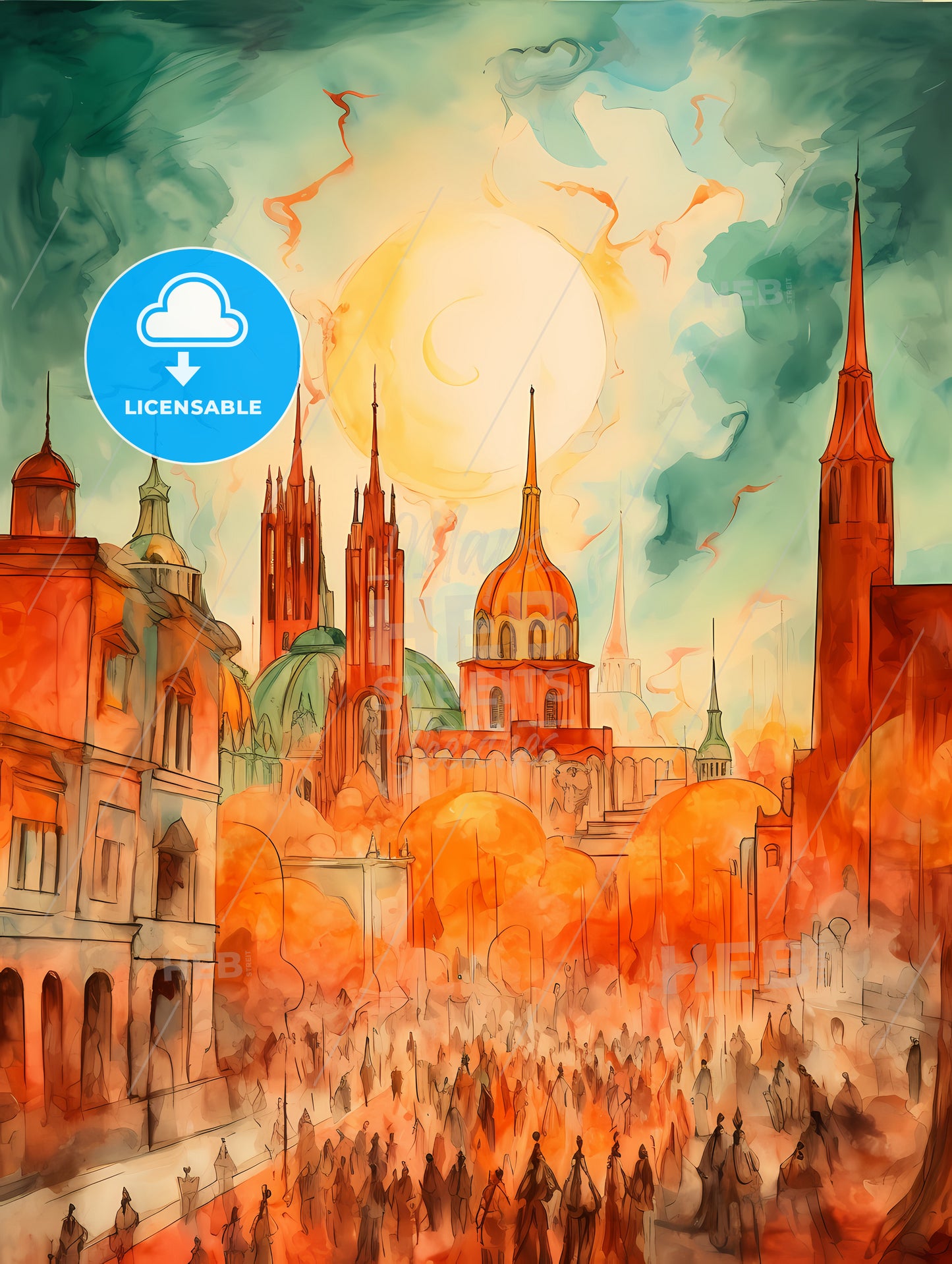 Cinco De Mayo Holiday Card With Copy Space, A Painting Of A City With Buildings And A Crowd Of People
