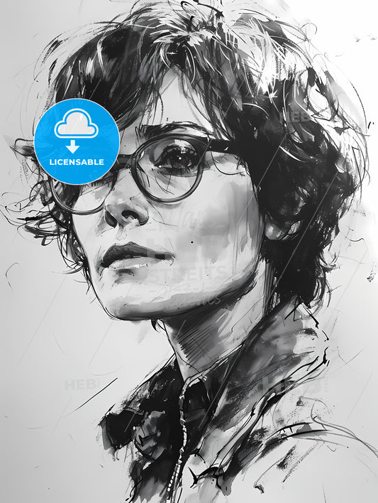 Ink Drawing, A Drawing Of A Woman Wearing Glasses