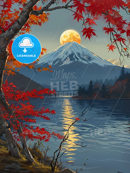 Mount Fuji, A Mountain With Red Leaves And A Lake