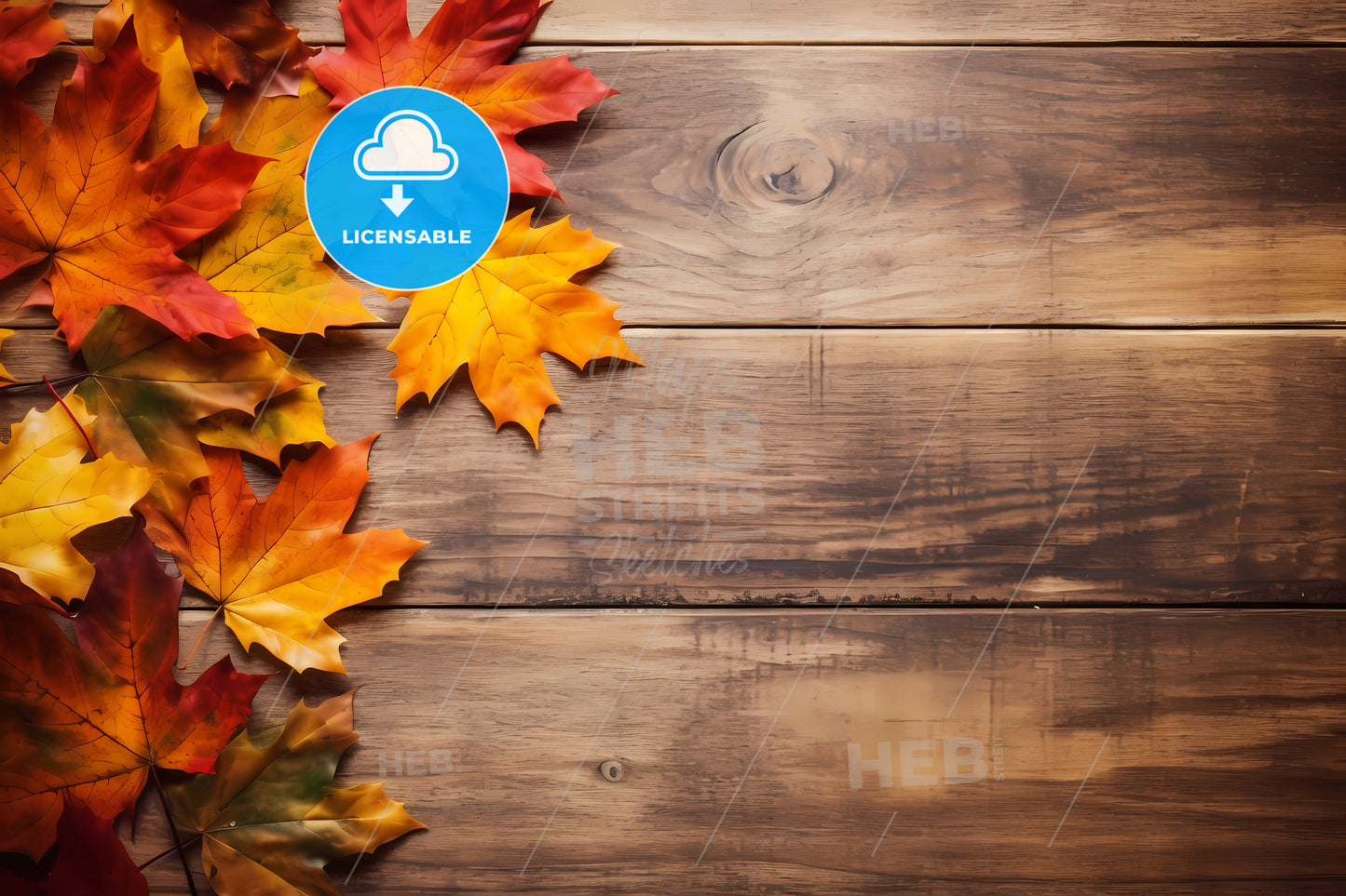 Autumn Background With Copy Space, A Group Of Colorful Leaves On A Wood Surface