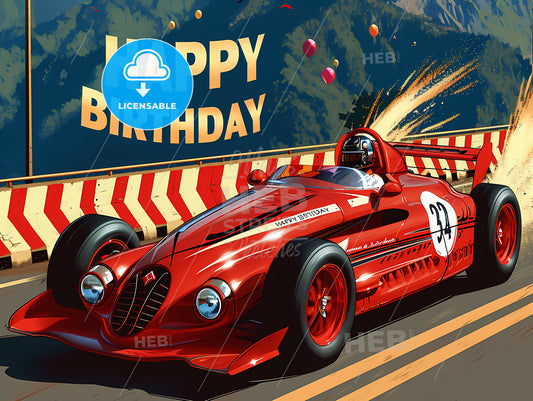Happy Birthday Racing Car Card, A Red Race Car On A Road