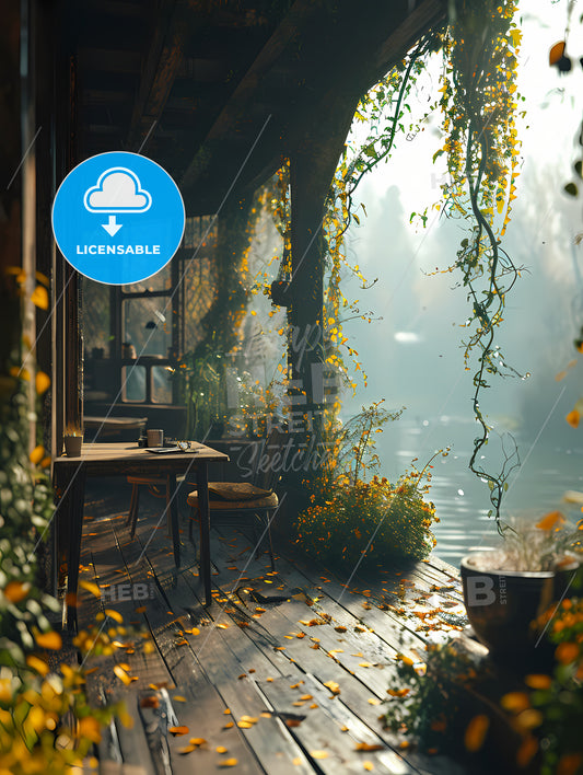 Furniture On Deck With A View, A Porch With A Table And Chairs And Plants On It