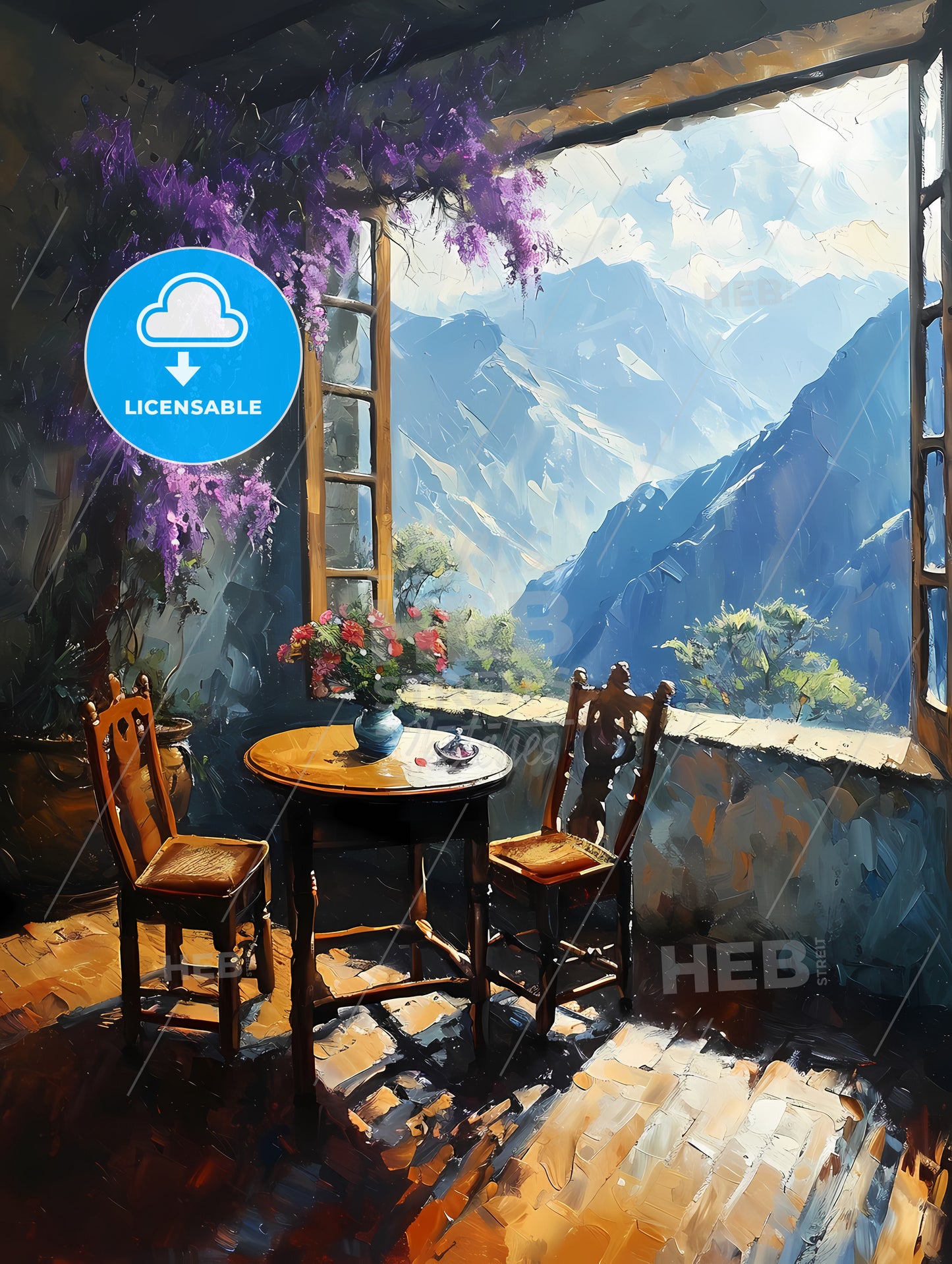 Painting Of Table And Chairs By The Window, A Table And Chairs In A Room With Mountains In The Background