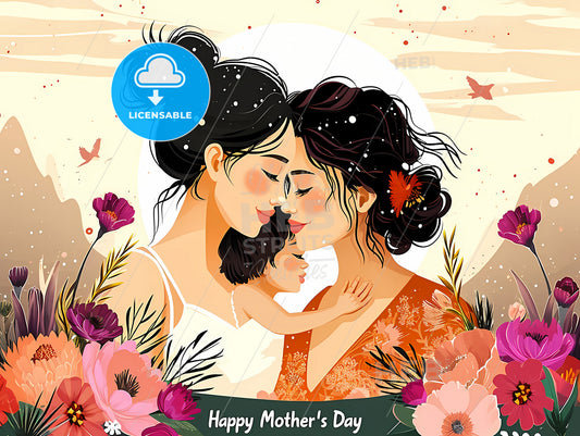 Happy Mothers Day Vector With Flowers, A Woman Holding A Baby