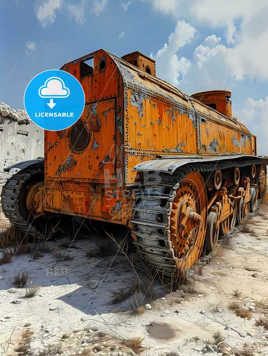 Ww1 Tank Battlefield In The Background, An Orange Tank In A Dirt Field