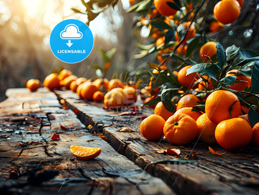 Blank Wooden Table Set, A Group Of Oranges On A Tree