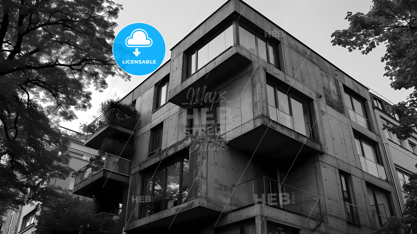 Professional Monochromatic Bauhaus Zoom, A Building With Balconies And Trees