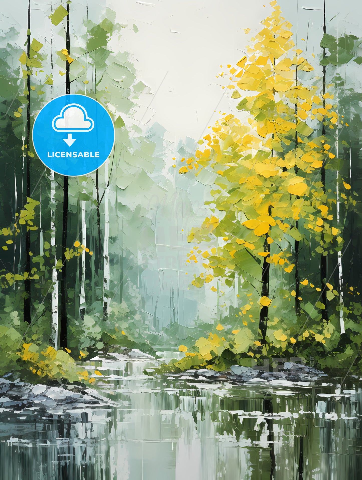A Piece Of Acrylic Painting, A Painting Of A Forest With Trees And Water