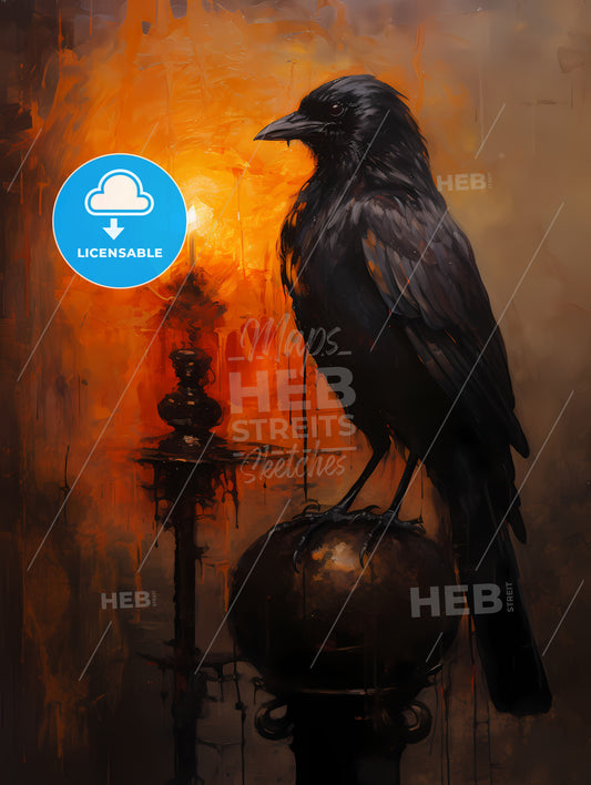 A Mysterious Oil Painting With A Black Crow, A Black Bird Sitting On A Round Object