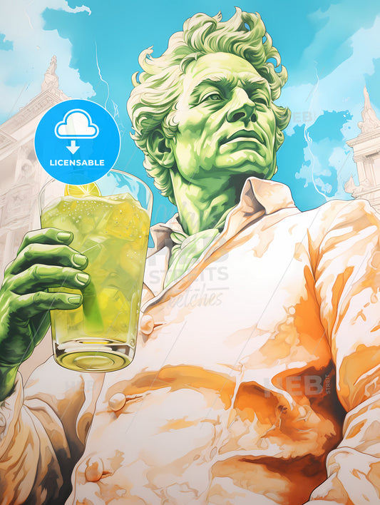 Mojito Drink, A Green Man Holding A Glass Of Liquid