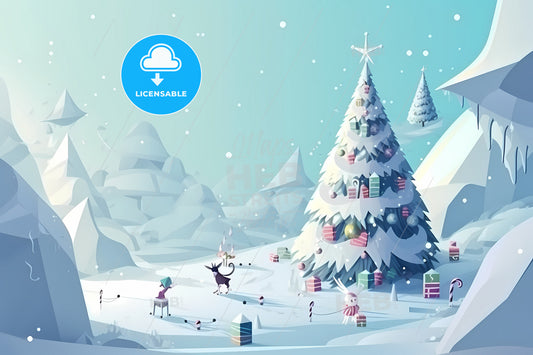 A Snowy Christmas Landscape, A Cartoon Of A Christmas Tree With Presents And A Cat