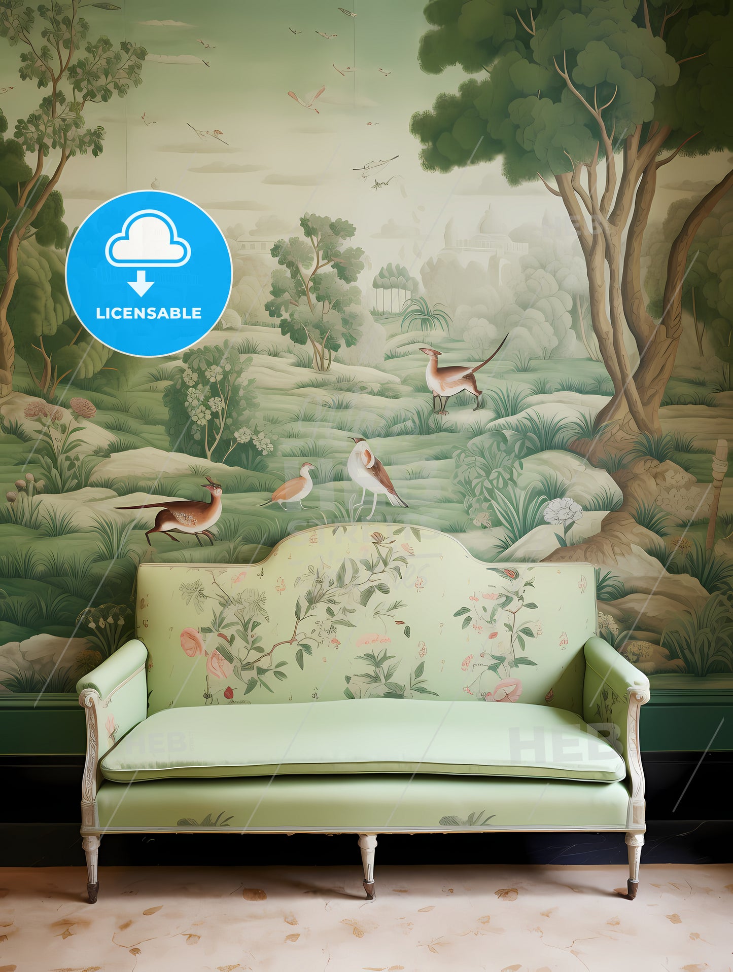 The Tapestry Is Green With Many Animals, A Green Couch With A Floral Design On It