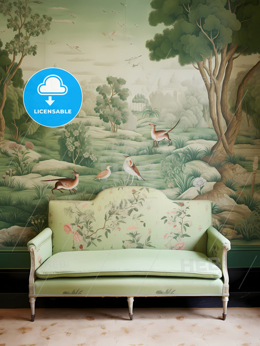 The Tapestry Is Green With Many Animals, A Green Couch With A Floral Design On It